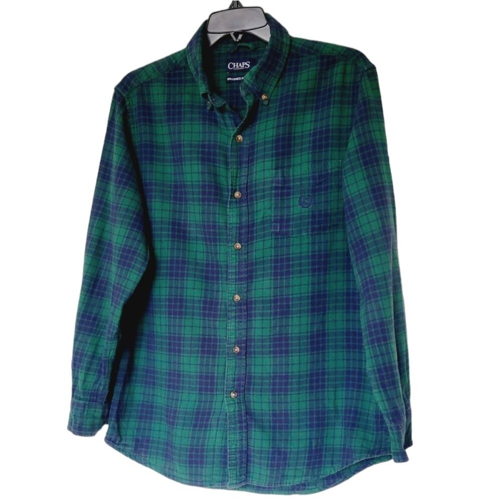 Chaps Brushed Flannel Green Plaid Button-down Shirt
